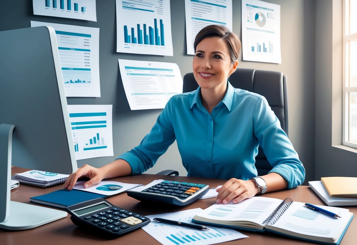 A person sitting at a desk, surrounded by financial documents and a computer, with a calculator and notebook open, looking relieved and confident