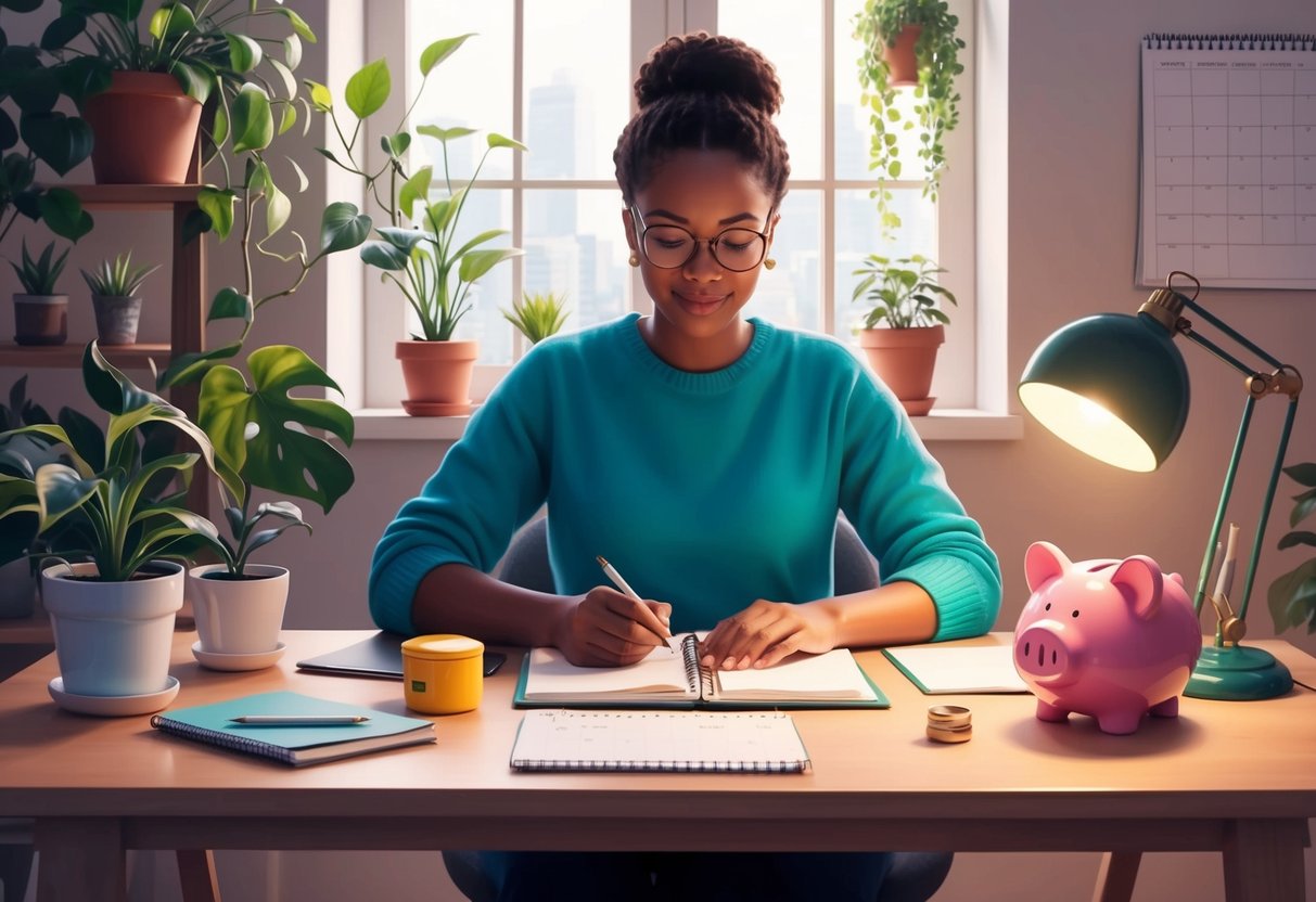 A person working part-time at a cozy desk, surrounded by plants and a calendar, with a piggy bank and a retirement savings jar on the table