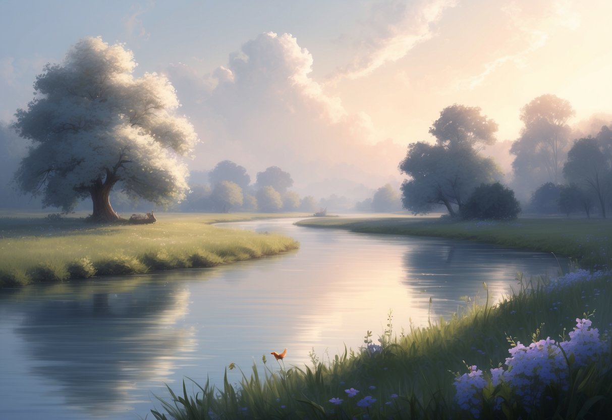 A serene landscape with a calm river, blooming flowers, and a gentle breeze, conveying a sense of peace and contentment