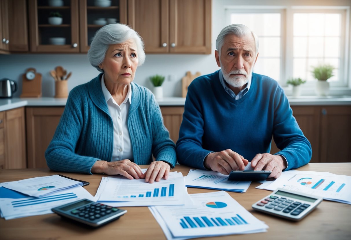A worried elderly couple sitting at a kitchen table surrounded by financial documents and a calculator, with a concerned look on their faces