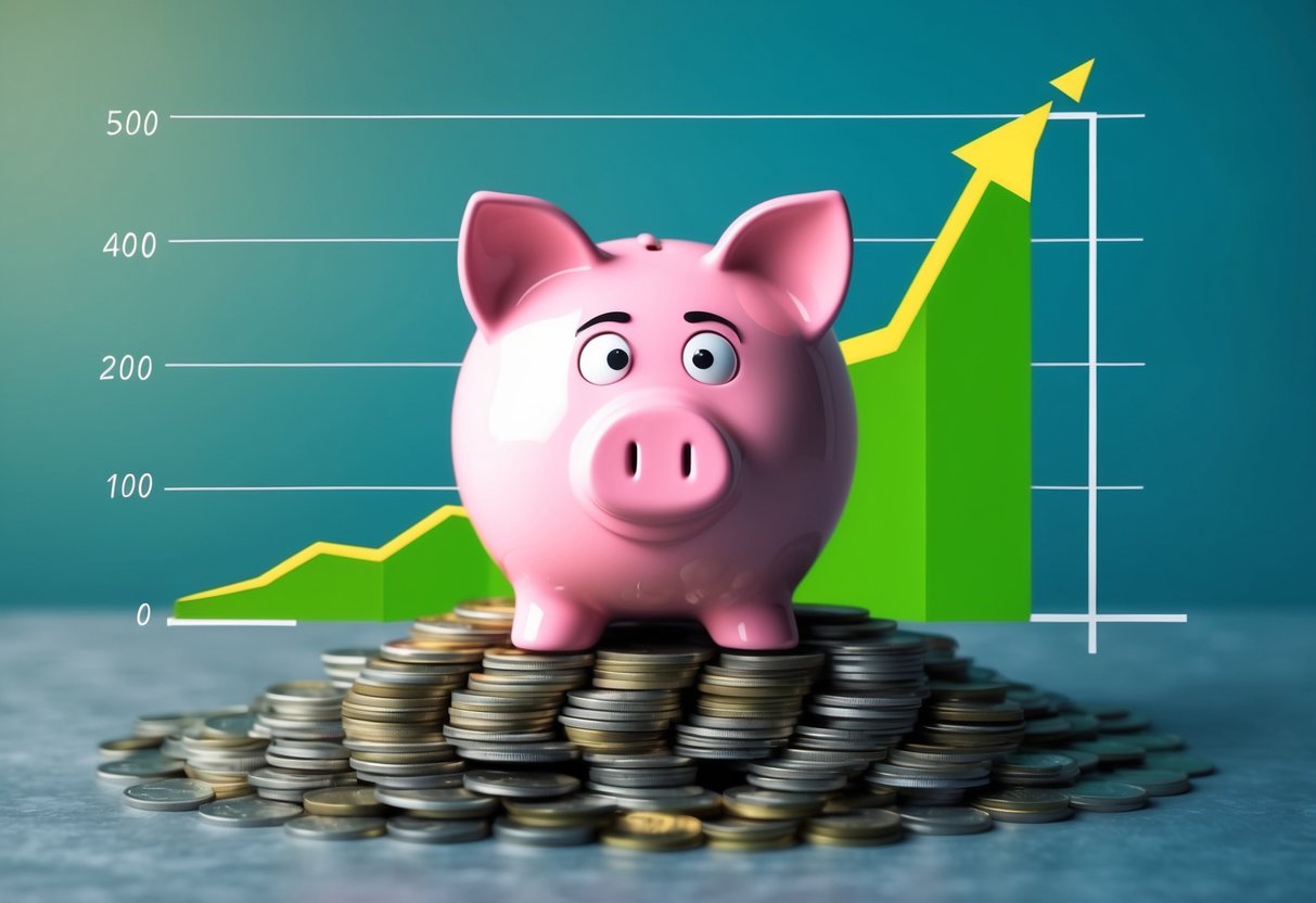 A piggy bank sits atop a pile of coins, with a graph showing a steady increase in savings. A worried expression turns to relief as the graph rises