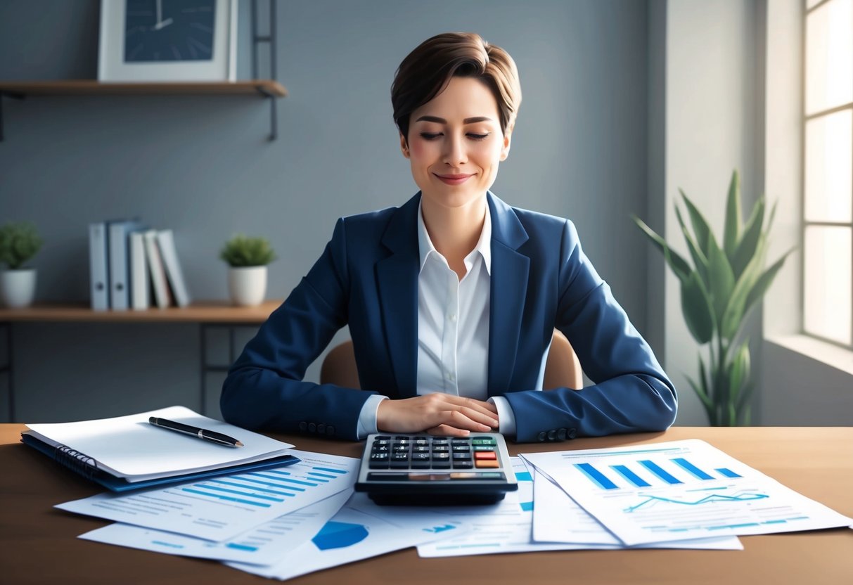 A person sitting at a desk with a calculator and financial documents, looking relieved and content