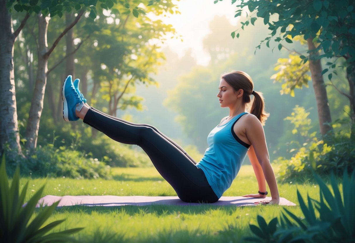 A person exercising in a peaceful outdoor setting, surrounded by nature and feeling a sense of physical well-being