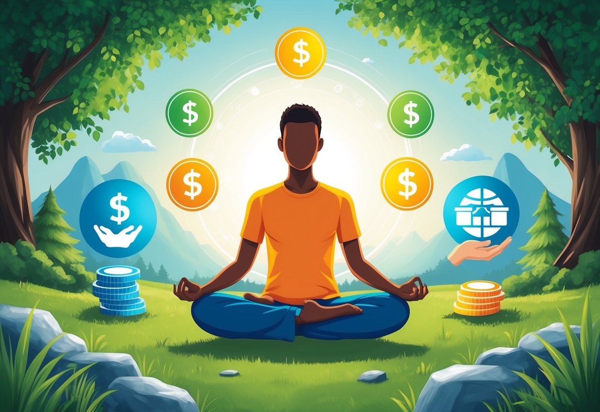 A person meditating in a peaceful natural setting, surrounded by symbols of financial stability and physical well-being