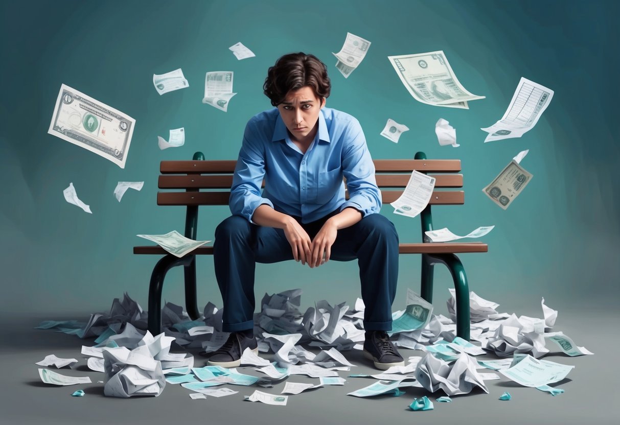 A person sitting on a bench, surrounded by scattered bills and crumpled papers, with a look of worry on their face