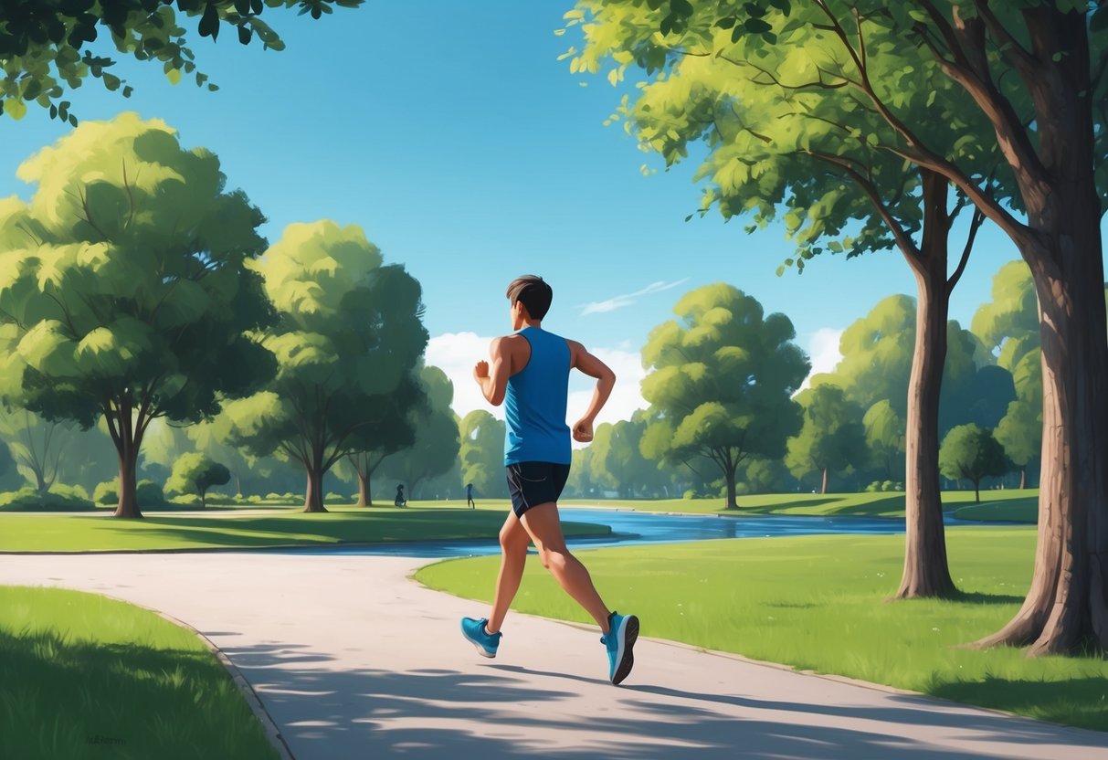 A person jogging through a peaceful park with a clear blue sky, surrounded by trees and a flowing stream
