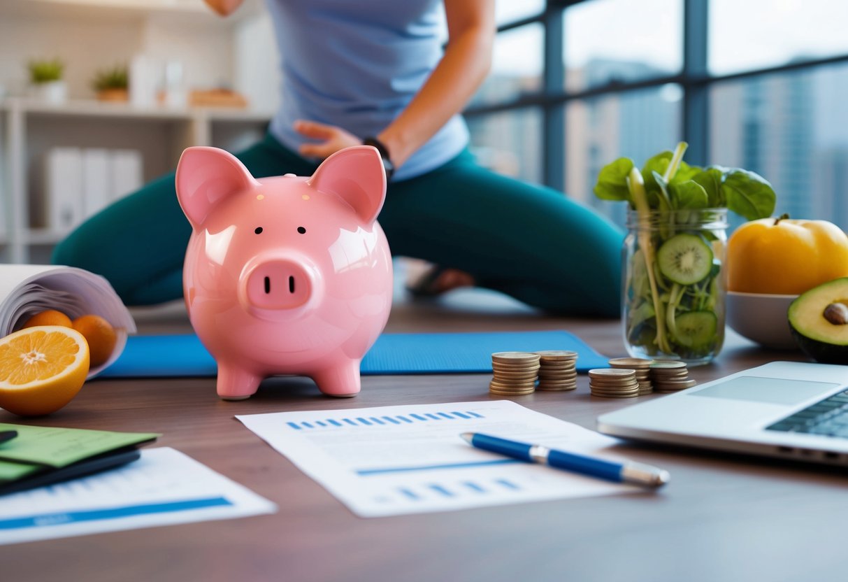A person exercising with a piggy bank in the foreground, surrounded by healthy food and financial documents