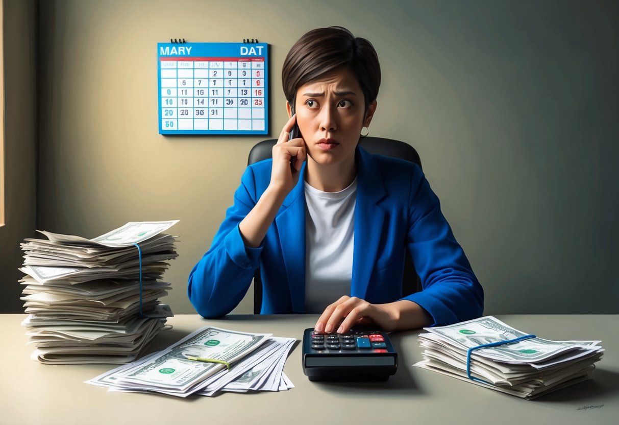 A person sitting at a desk with a pile of bills, a calculator, and a worried expression. A calendar on the wall shows the current date