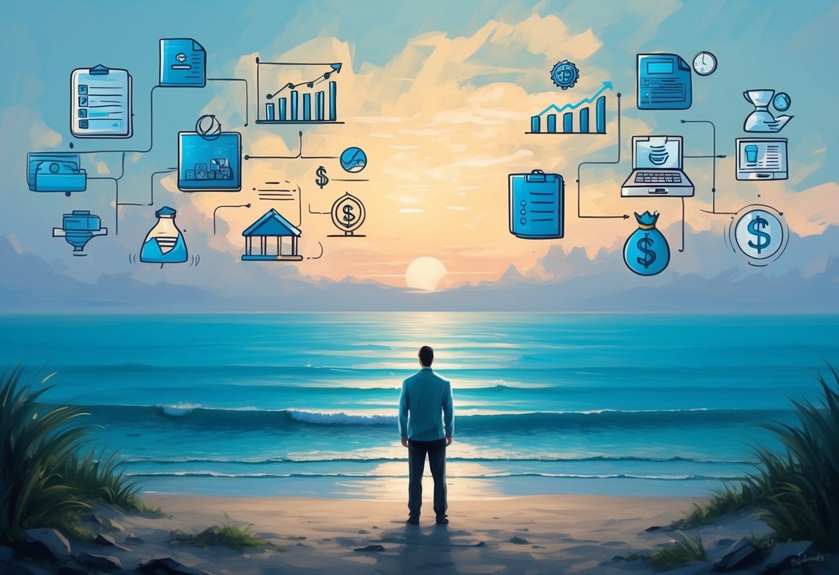 A serene beach with a distant figure gazing at the horizon, surrounded by symbols of financial planning and motivation