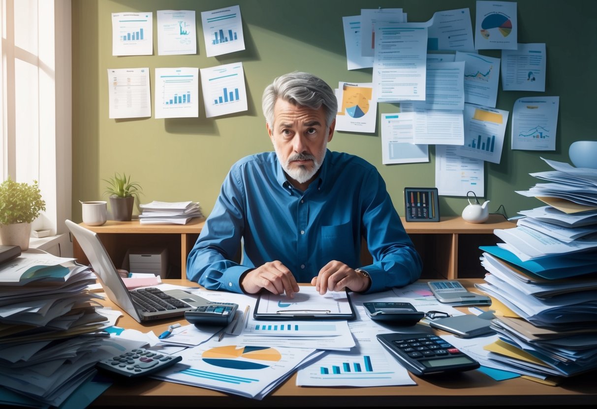A person sitting at a cluttered desk, surrounded by financial documents and calculators, with a worried expression while trying to plan for retirement