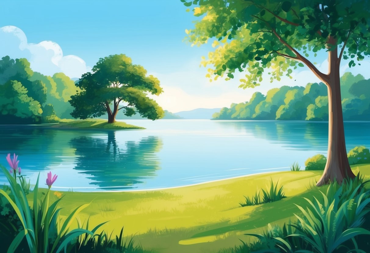 A tranquil lakeside with a lone tree casting a calming shadow, surrounded by vibrant greenery and a clear blue sky, symbolizing the peace and clarity that comes with late retirement planning