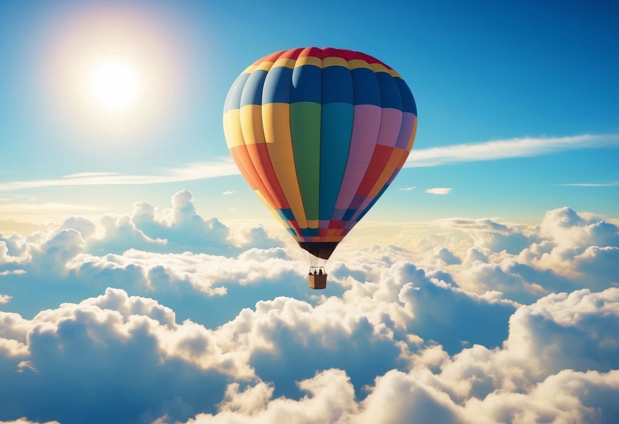 A colorful hot air balloon soaring high above the clouds, with a clear blue sky and a bright sun shining in the background