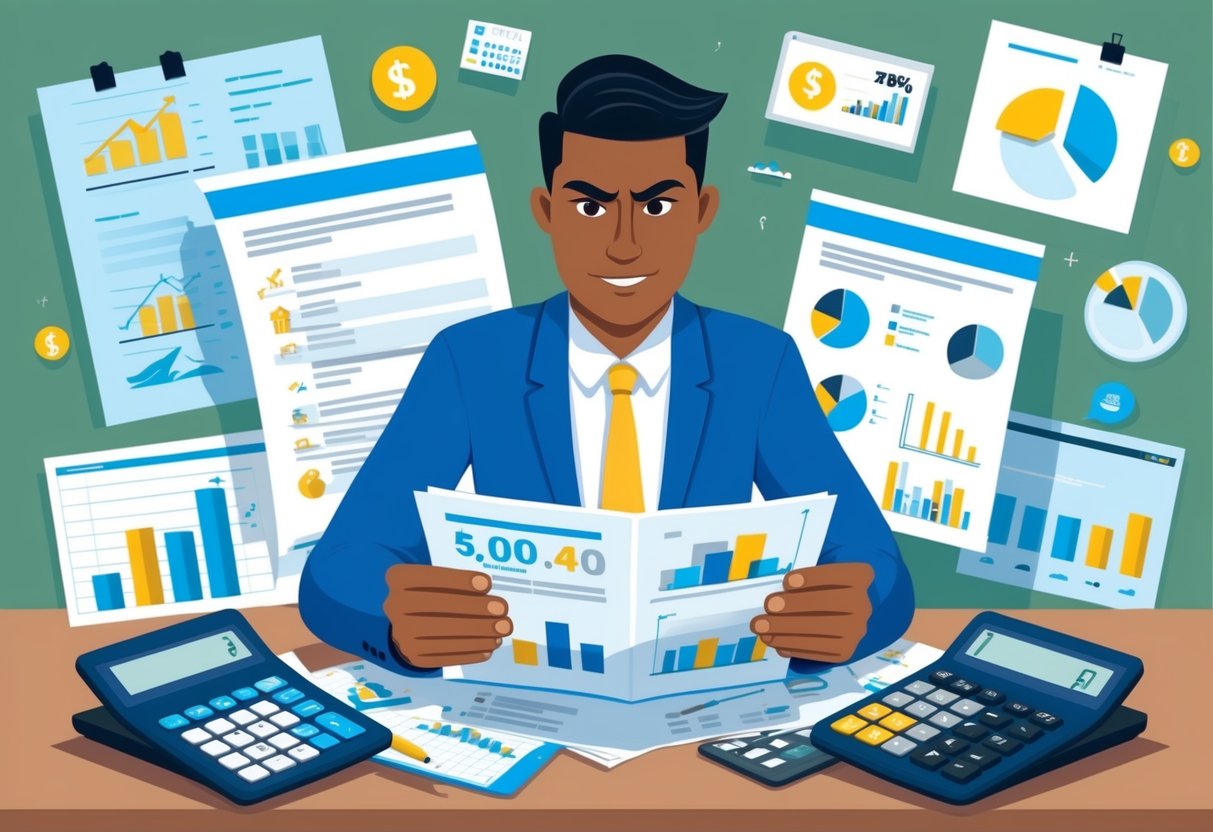 A person reviewing financial documents and retirement plans with a determined expression, surrounded by charts, graphs, and calculators