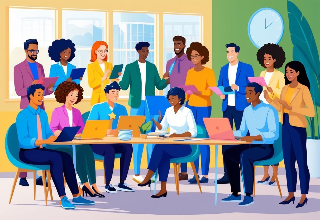 A diverse group of people of varying ages and backgrounds engage in financial planning activities, such as budgeting, investing, and goal-setting, in a bright and welcoming environment