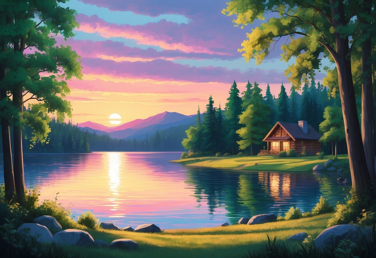 A serene lakeside with a colorful sunset, surrounded by lush green trees and a cozy cabin nestled in the distance