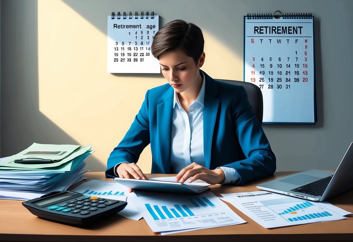 A person sitting at a desk surrounded by financial documents, calculator, and laptop. A calendar showing retirement age is visible on the wall