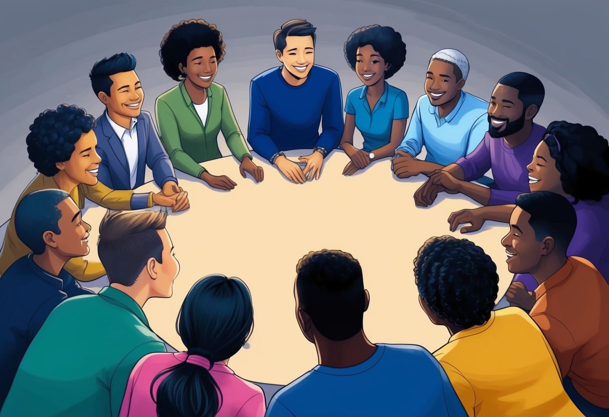A group of diverse people gathered in a circle, smiling and engaging in conversation. A supportive and inclusive atmosphere is depicted, with individuals offering encouragement and motivation to one another