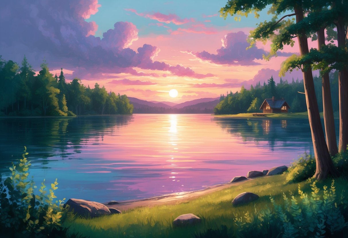 A serene lakeside with a colorful sunset, surrounded by lush greenery and a cozy cabin nestled in the distance
