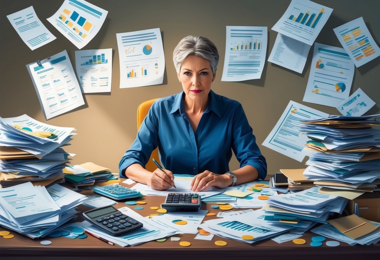 A person sitting at a cluttered desk, surrounded by scattered papers, calculator, and financial documents. They have a look of determination and focus as they plan for retirement