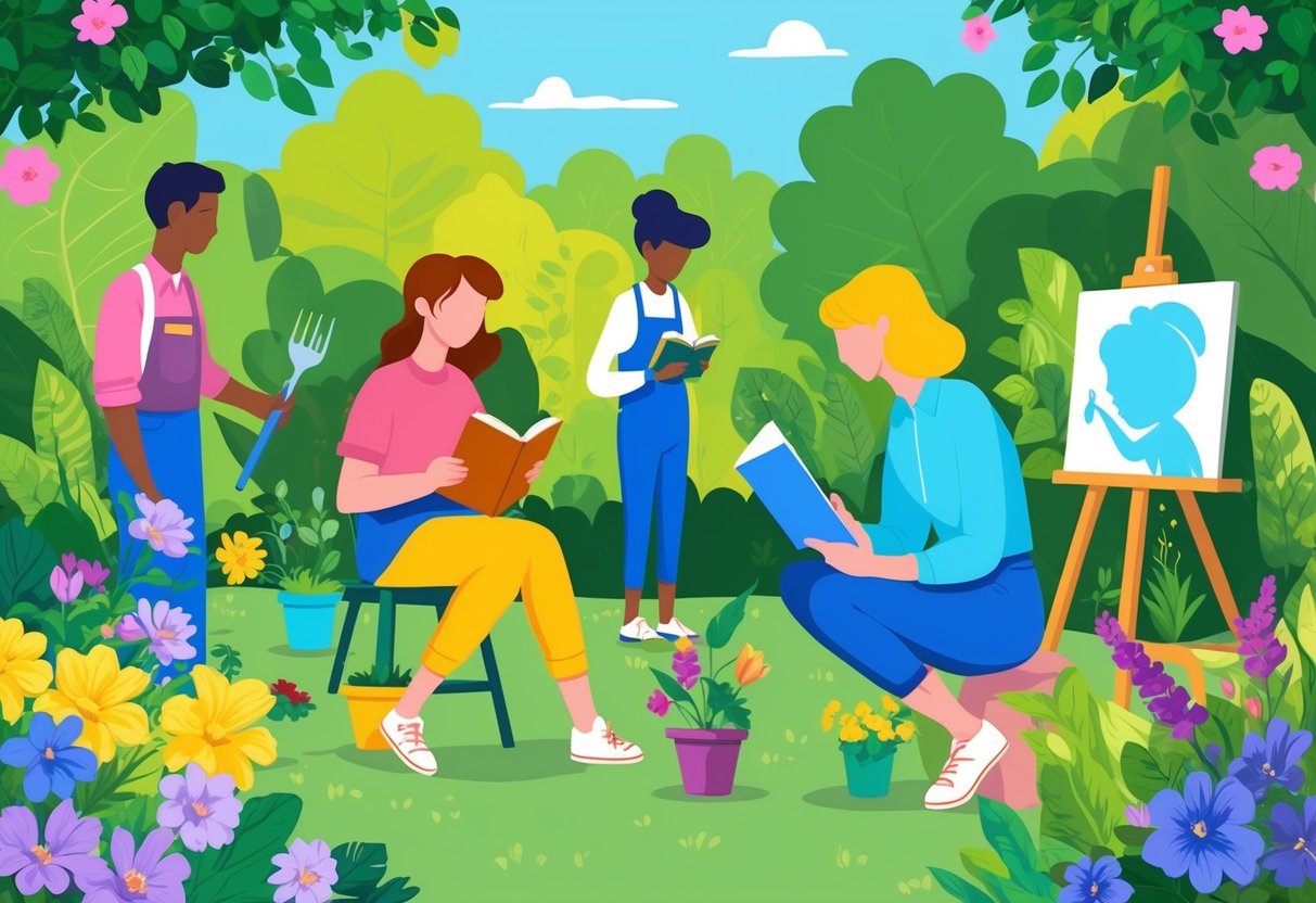 A bright and colorful outdoor scene with a person gardening, another person reading a book, and a third person painting, all surrounded by lush greenery and blooming flowers