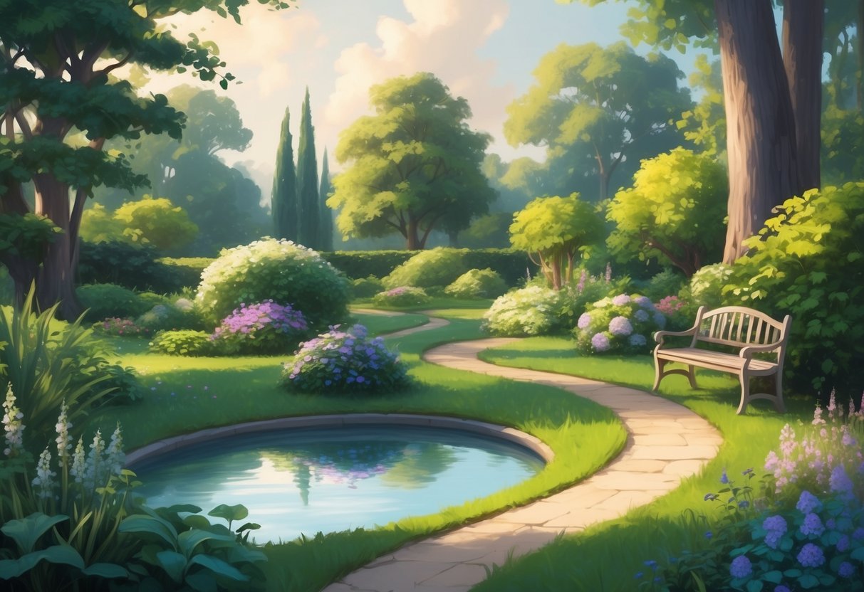 A serene garden with a cozy bench, blooming flowers, and a winding path leading to a tranquil pond, surrounded by lush greenery and tall trees