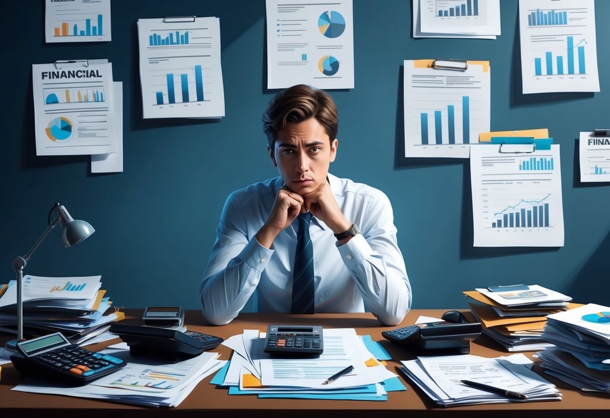 A person sitting at a cluttered desk, surrounded by financial documents and calculators. They are deep in thought, with a look of determination on their face