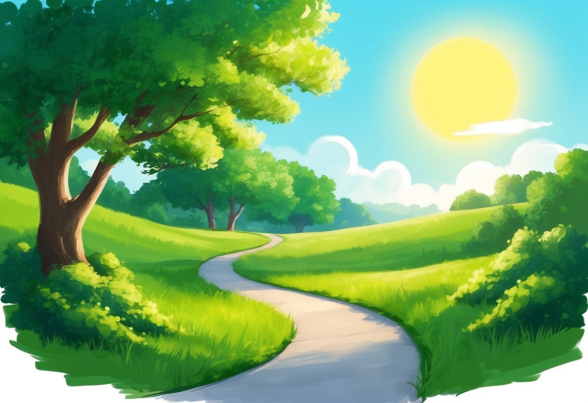 A serene landscape with a winding path leading through lush greenery, with a bright sun shining in the sky and a sense of calm and tranquility