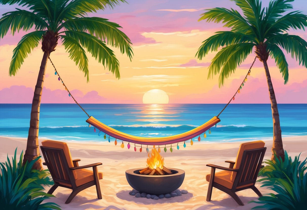 A serene beach at sunset, with a hammock strung between two palm trees and a small fire pit surrounded by comfortable chairs