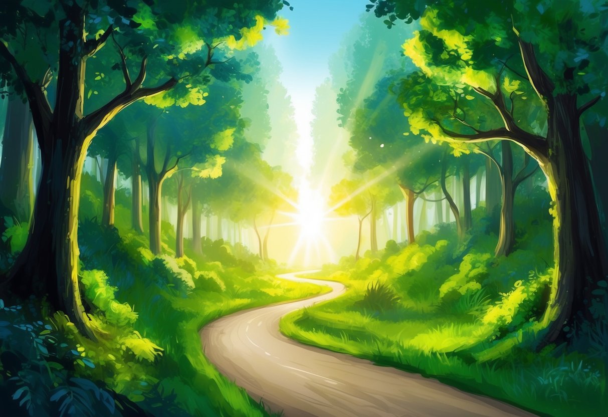 A winding path through a lush forest, with sunlight breaking through the trees, symbolizing the journey of self-discovery and personal growth
