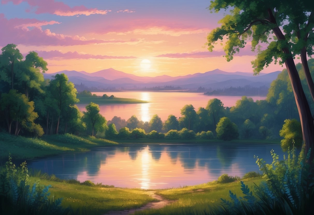 A serene landscape with a vibrant sunset, casting warm light over a tranquil lake surrounded by lush greenery and a distant mountain range