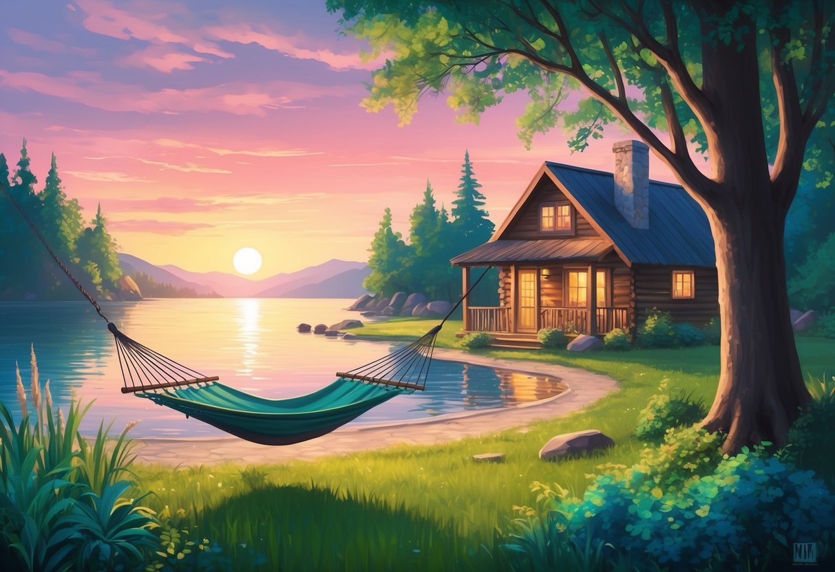 A peaceful lakeside with a colorful sunset, a cozy cabin, and a hammock strung between two trees, surrounded by lush greenery