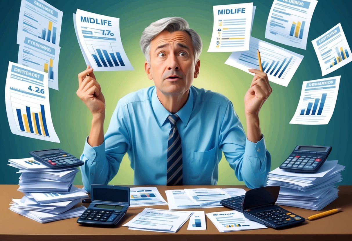 A midlife individual surrounded by financial documents and calculators, looking stressed but also determined to find solutions