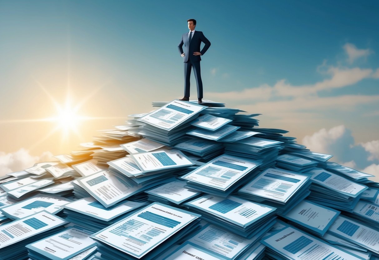 A person standing confidently on top of a mountain of financial documents, with a clear path leading to a bright and prosperous future