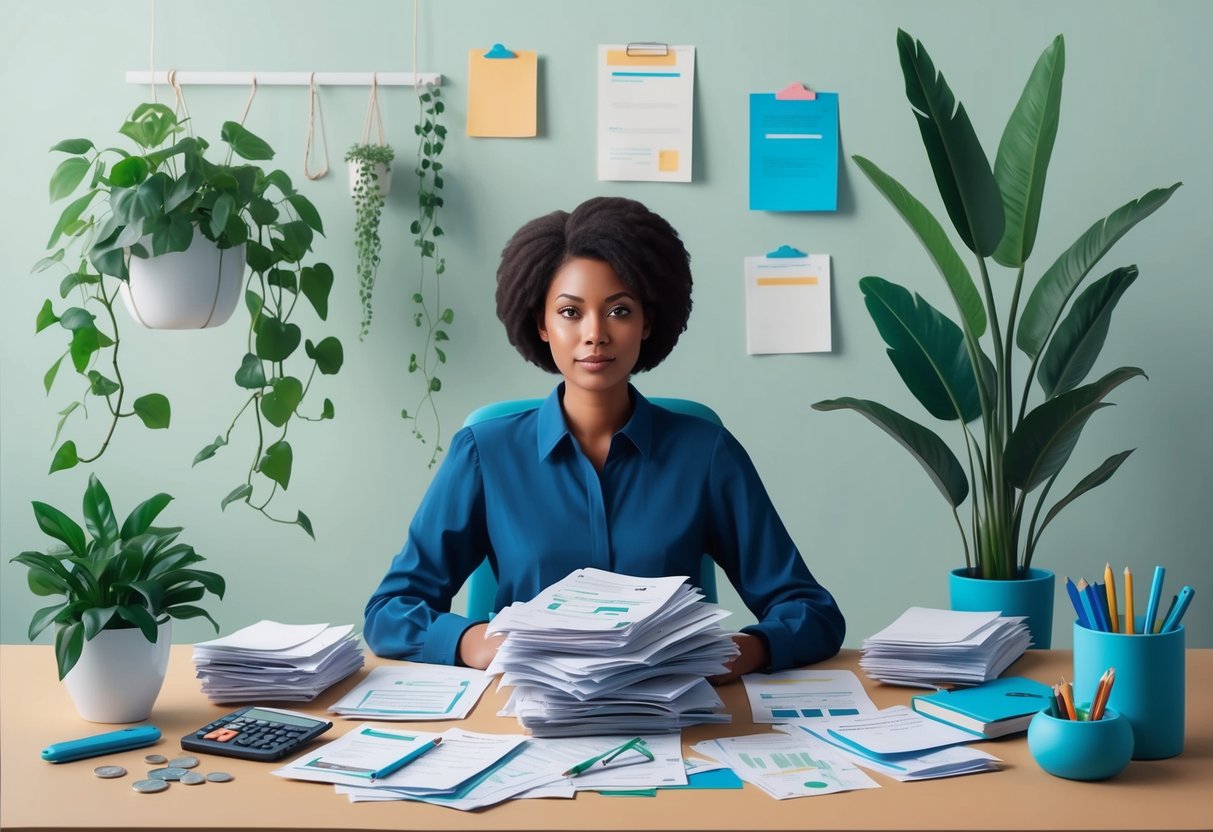 A person sitting at a desk with a pile of bills and financial documents, surrounded by calming elements such as plants, a soothing color scheme, and organizational tools