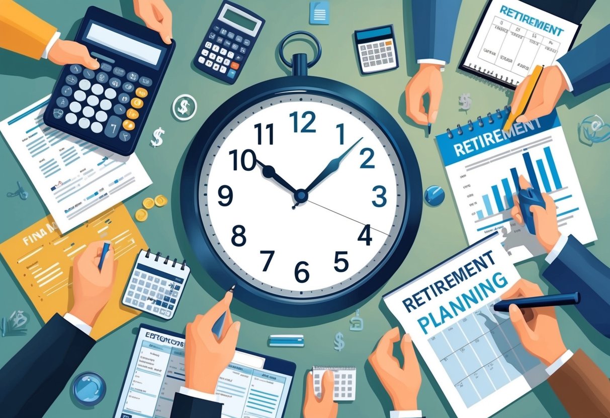 A clock surrounded by various symbols of retirement planning, such as a calculator, financial documents, and a calendar, with a sense of urgency and anxiety in the air