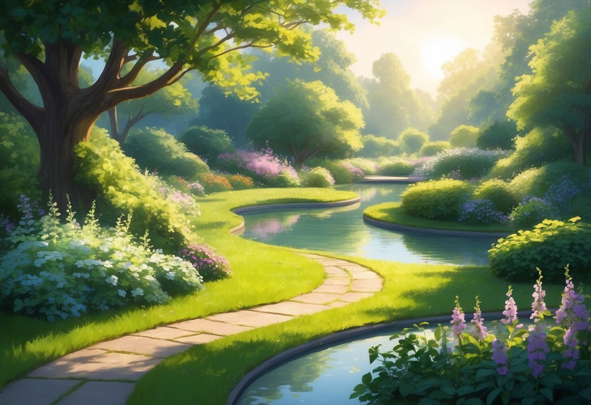 A serene, sunlit garden with a winding path leading to a peaceful pond, surrounded by lush greenery and blooming flowers, evoking a sense of calm and security