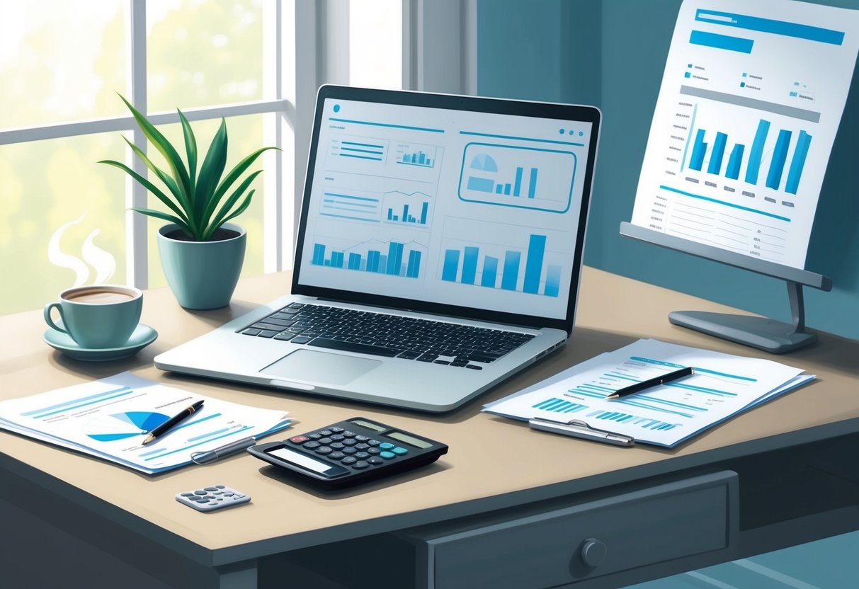 A serene and organized desk with a laptop, calculator, and financial documents. A cup of coffee and a potted plant add a sense of calm and stability