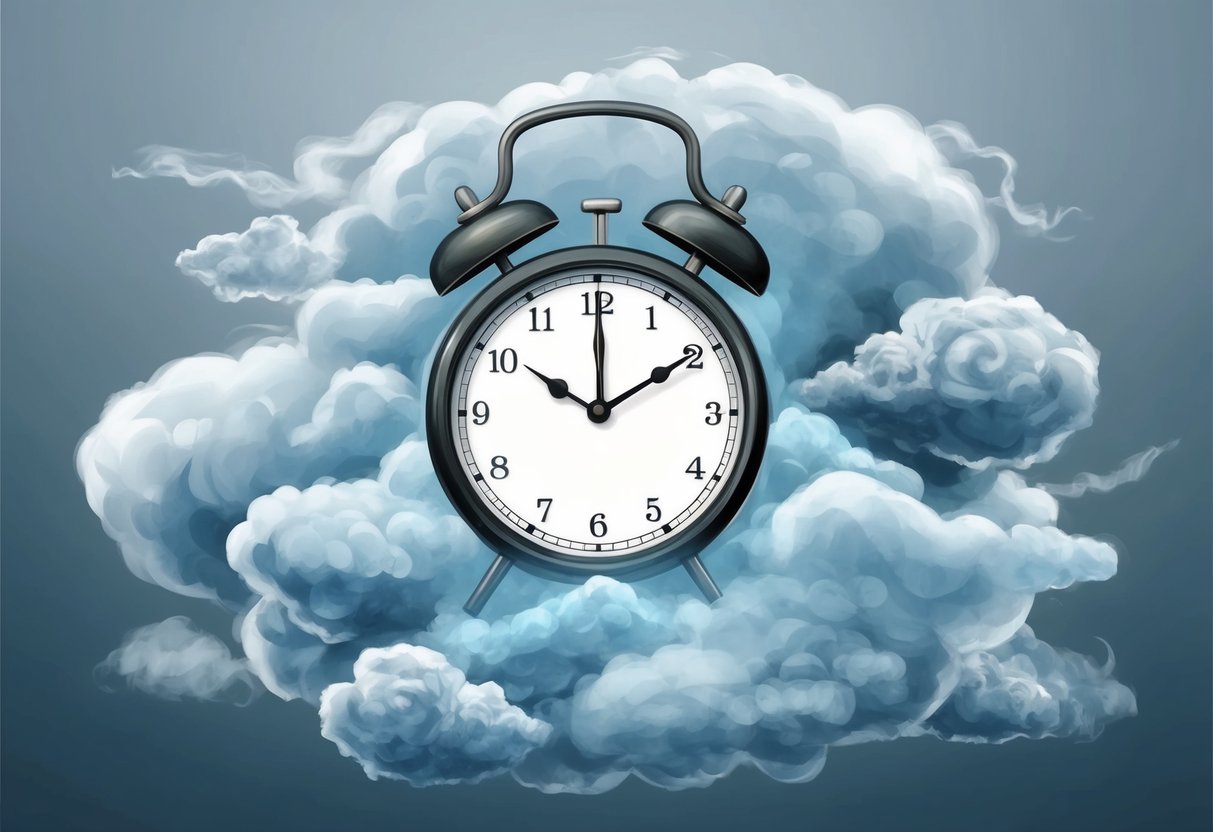 A clock surrounded by swirling clouds of anxiety, with time ticking away as a key to reducing retirement anxiety