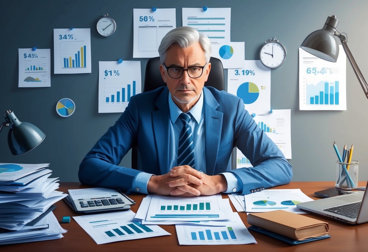 A person sitting at a desk, surrounded by financial documents and charts, with a determined expression on their face as they plan for retirement