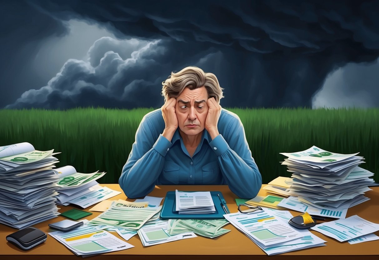 A midlife individual sits at a cluttered desk, surrounded by bills and financial documents. They appear stressed and overwhelmed, with a furrowed brow and tense posture. Outside, dark storm clouds loom overhead
