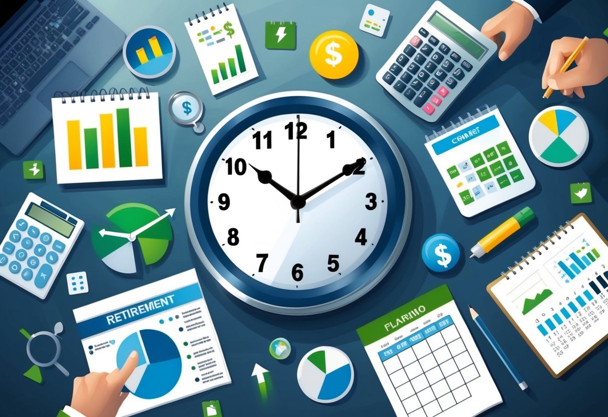 A clock surrounded by various retirement planning tools and symbols, such as a calculator, financial charts, and a calendar, with a sense of calm and assurance