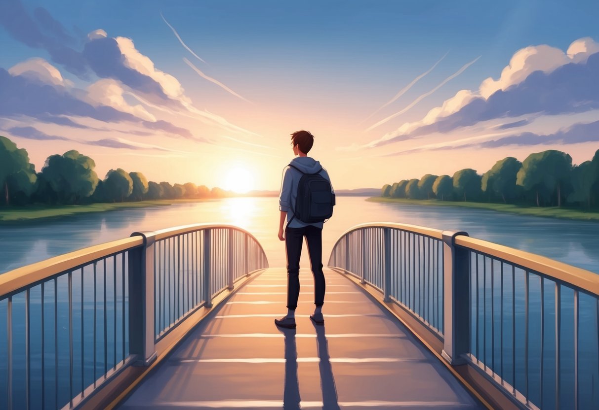 A person standing confidently on a bridge, looking out at a sunset over a calm river, with a clear path leading towards a bright future
