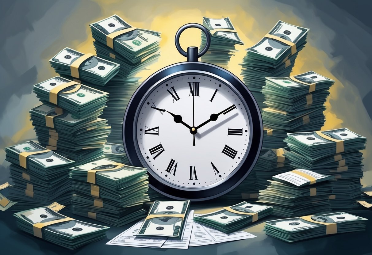 A clock surrounded by stacks of money and financial documents, with a sense of urgency and importance