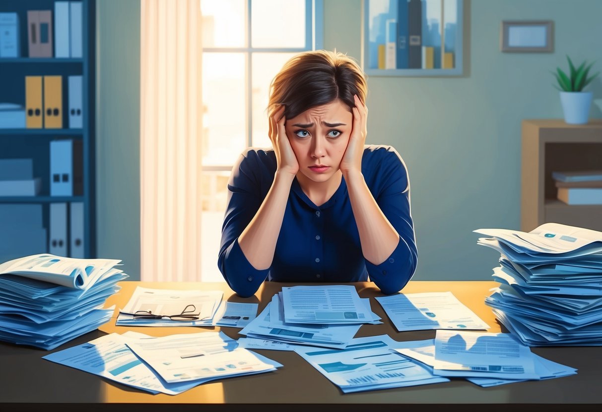 A person sitting at a desk surrounded by bills and financial documents, with a worried expression. They are holding their head in their hands, looking stressed