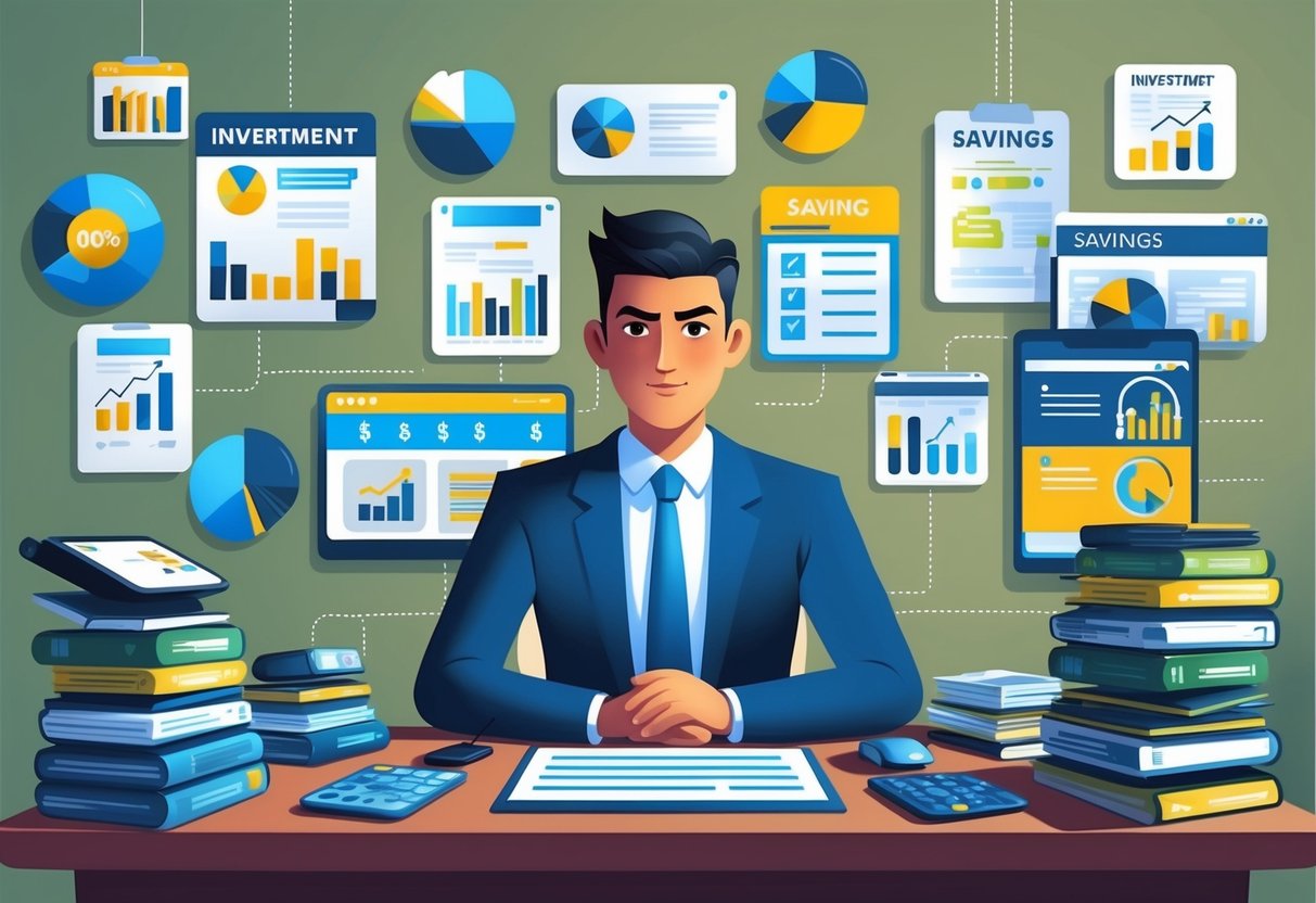 A person sitting at a desk, surrounded by various investment and savings options, with a look of determination and confidence on their face