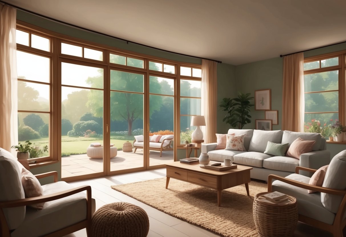 A serene and spacious living room with large windows overlooking a peaceful garden, filled with cozy furniture and warm natural light