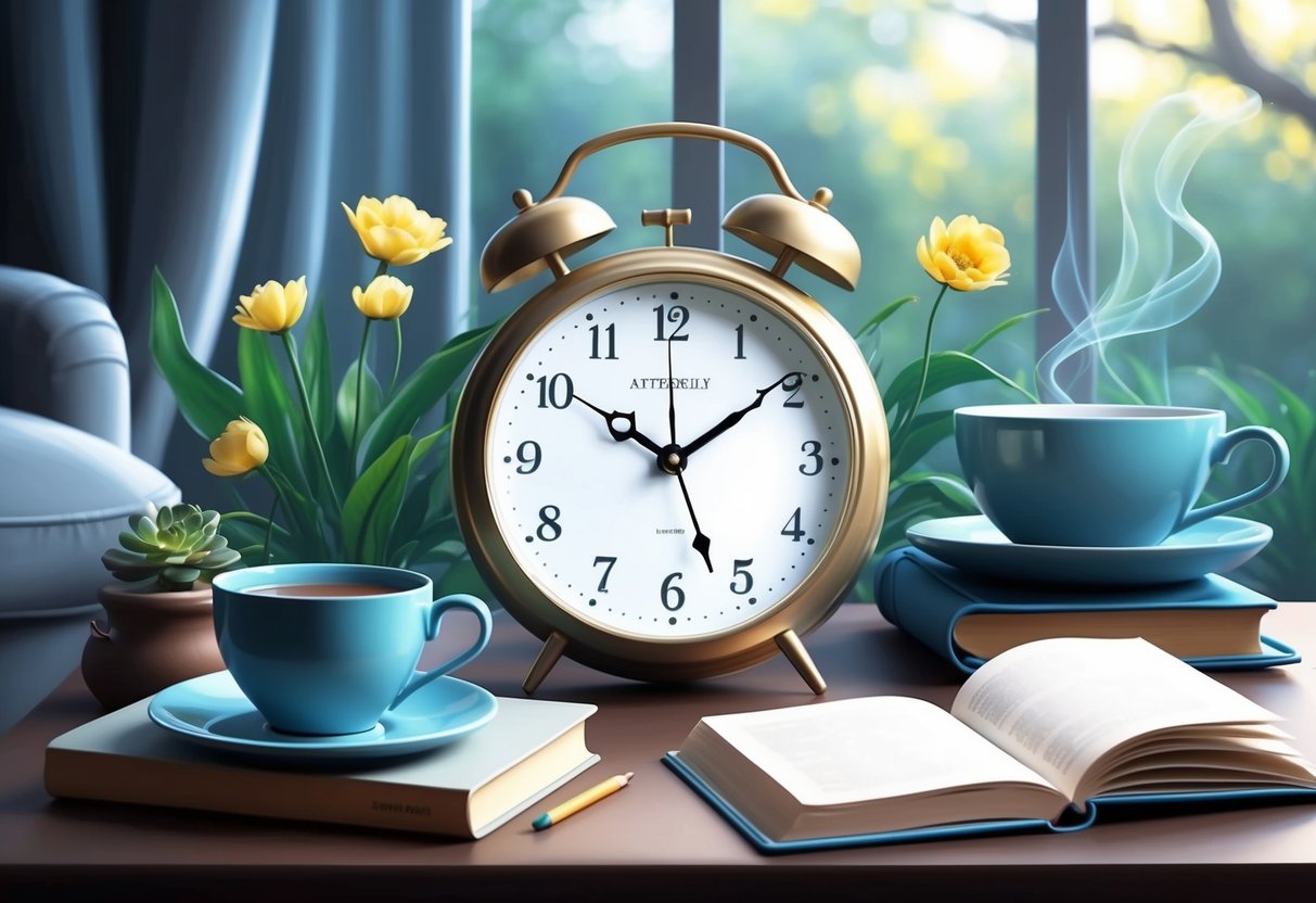 A tranquil scene of a clock surrounded by calming elements like a book, a cup of tea, and a cozy chair, evoking a sense of peace and preparedness for retirement