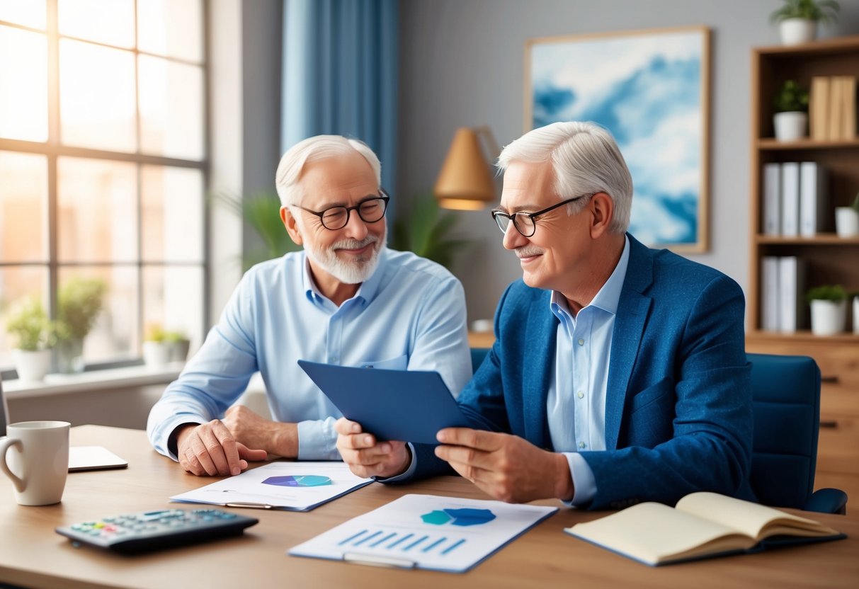 A senior couple reviewing retirement financial plans with a financial advisor in a cozy office setting