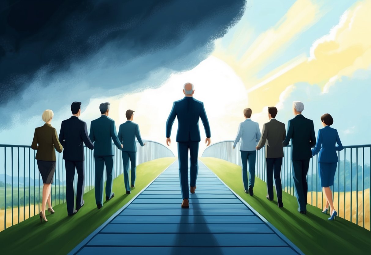 A confident figure leading a group across a bridge from a dark, uncertain space into a bright, open landscape, symbolizing overcoming fear and finding guidance in retirement planning