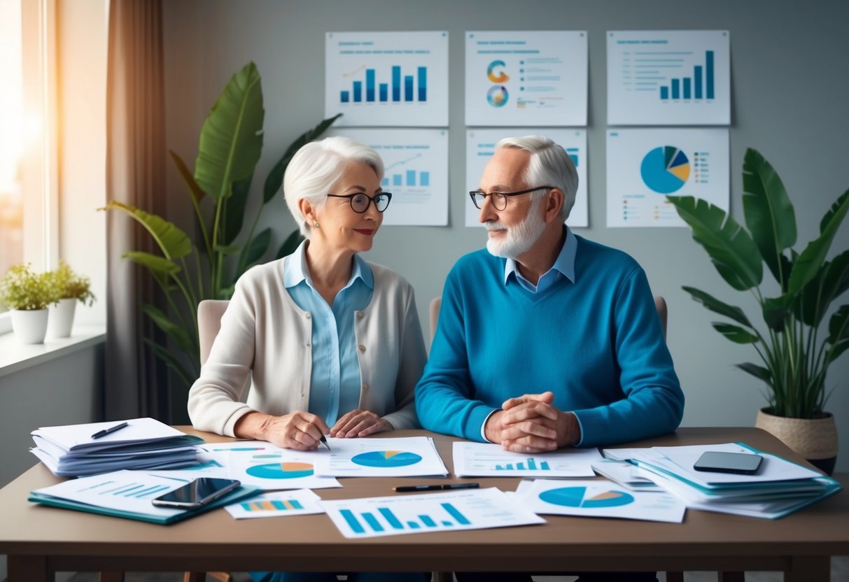 A serene elderly couple sitting at a table, surrounded by financial planning materials and charts, discussing their retirement income with confidence and determination